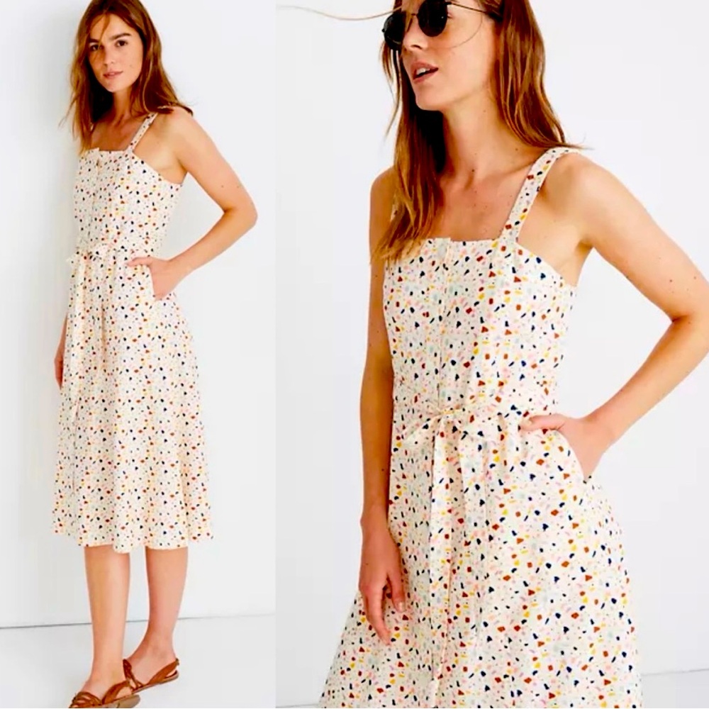 Madewell terrazzo print midi button down dress with pockets !